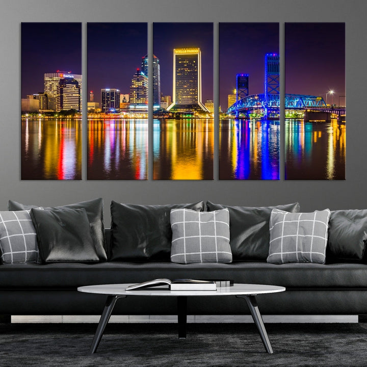 The Jacksonville City cityscape wall art captures a vibrant city skyline at night with colorful reflections in the water and is elegantly displayed on museum-quality gallery wrapped canvas.