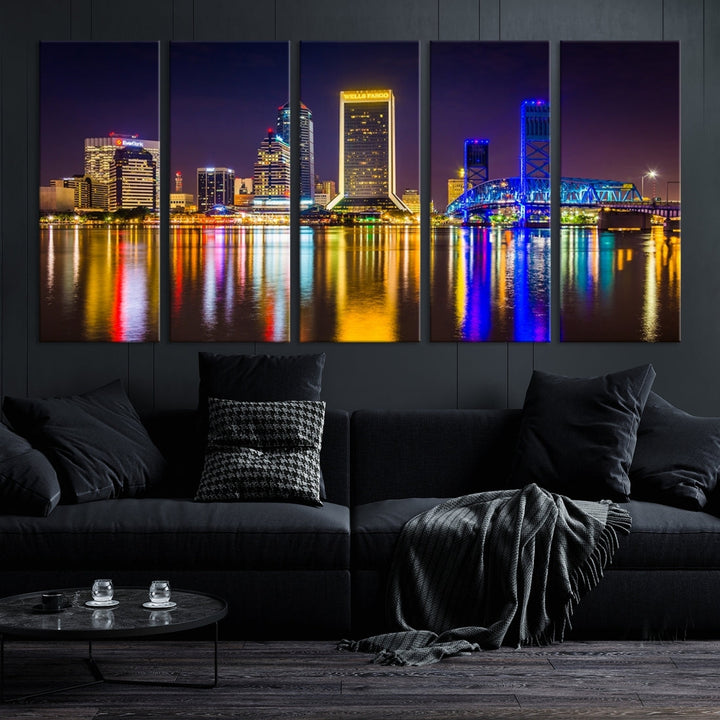 The Jacksonville City cityscape wall art captures a vibrant city skyline at night with colorful reflections in the water and is elegantly displayed on museum-quality gallery wrapped canvas.