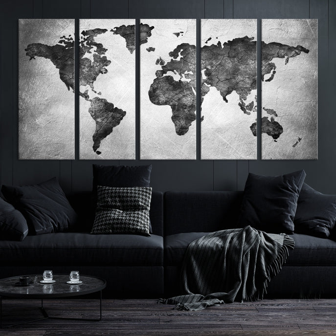 Impresión artística en lienzo grande con mapa del mundo en negro y gris