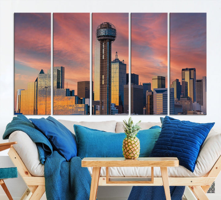 Dallas City Tower Sunset Skyline Cityscape View Wall Art Canvas Print