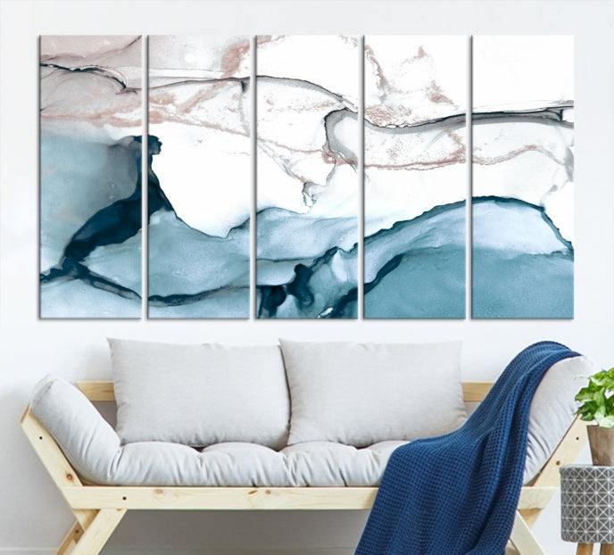 Blue and Rose Gold Marble Fluid Effect Wall Art Abstract Canvas Art Print