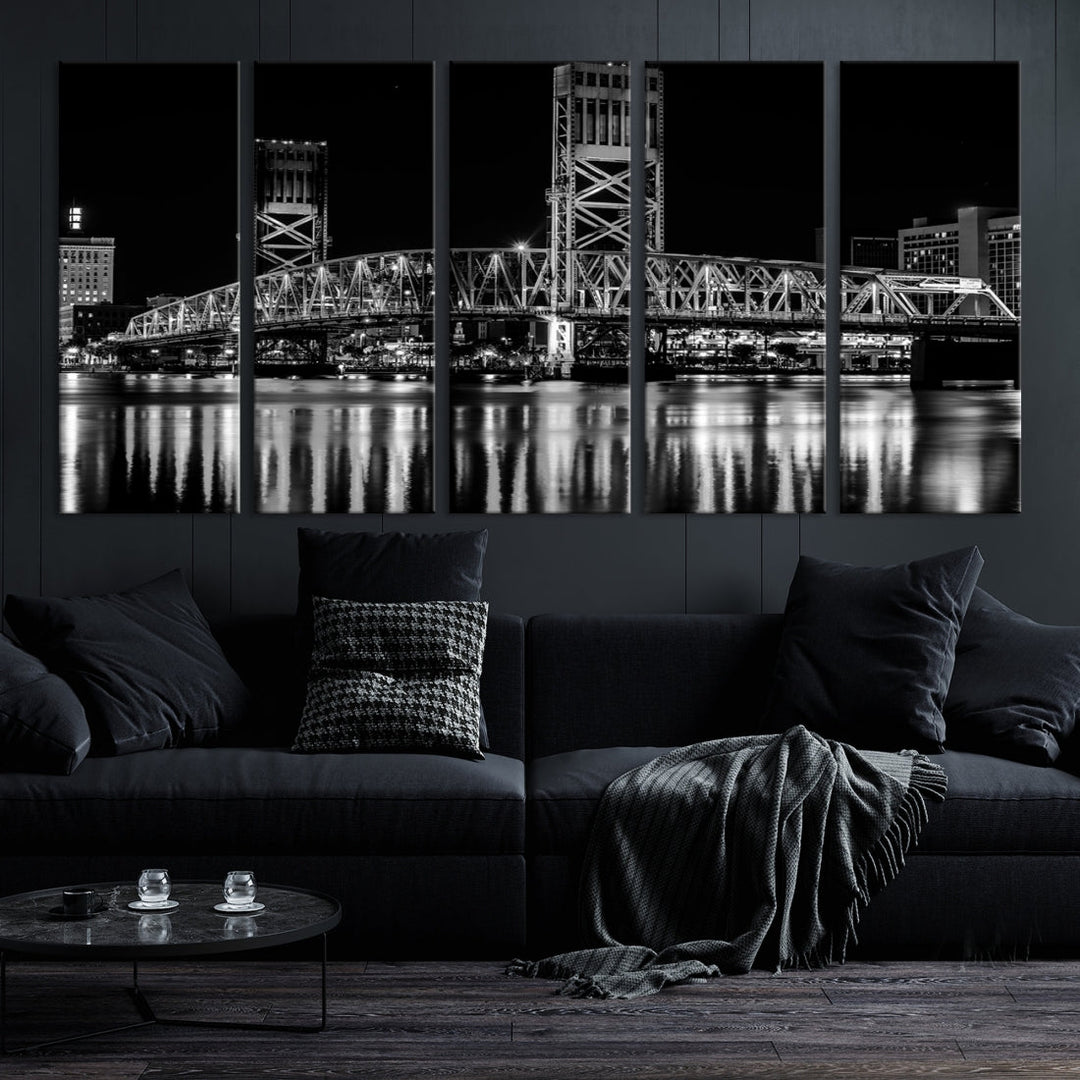 The Jacksonville City Bridge Night Wall Art Canvas Print is a black and white triptych depicting the city bridge at night. It features a UV-protective coating on museum-quality canvas.