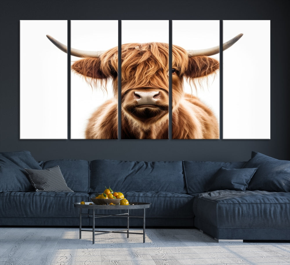 A Scottish Highland Cow Canvas Print, featuring a trio of panels depicting a long-haired, large-horned Highland cow on museum-quality canvas with UV protection, was displayed.