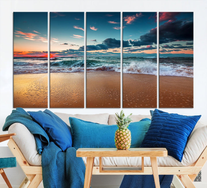Beach and Wave Wall Art, Sunset on the Beach Sea Wall Art Canvas Print