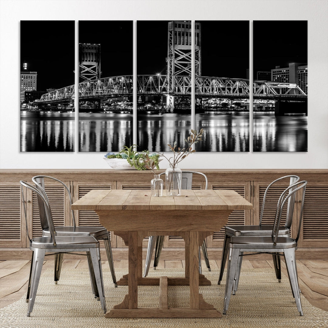 The Jacksonville City Bridge Night Wall Art Canvas Print is a black and white triptych depicting the city bridge at night. It features a UV-protective coating on museum-quality canvas.