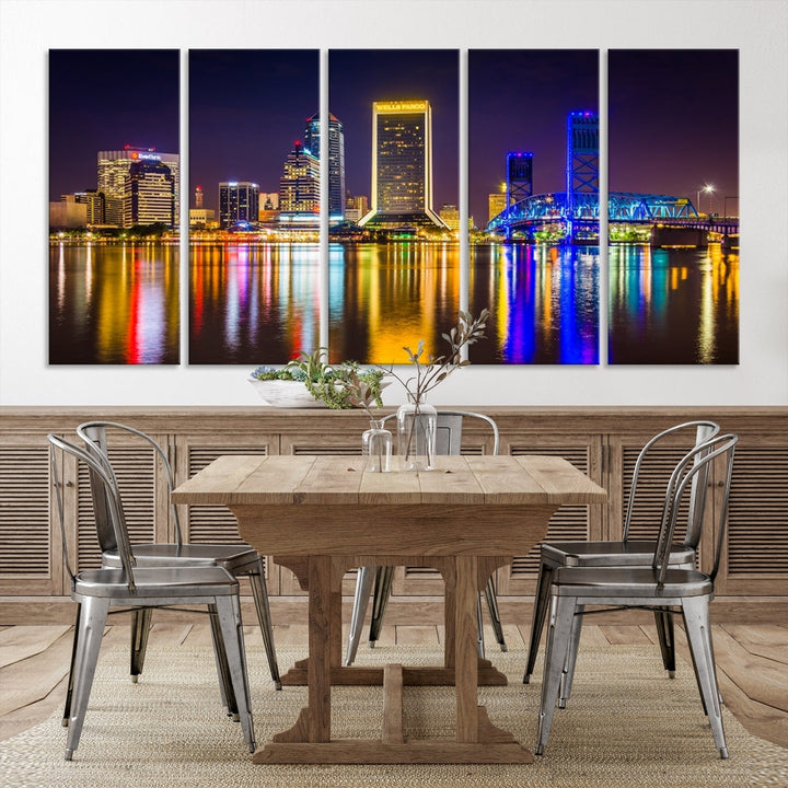 The Jacksonville City cityscape wall art captures a vibrant city skyline at night with colorful reflections in the water and is elegantly displayed on museum-quality gallery wrapped canvas.