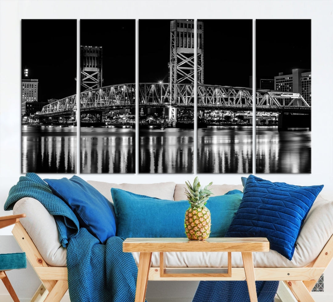 The Jacksonville City Bridge Night Wall Art Canvas Print is a black and white triptych depicting the city bridge at night. It features a UV-protective coating on museum-quality canvas.