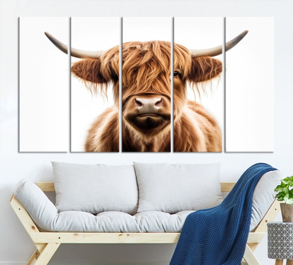 A Scottish Highland Cow Canvas Print, featuring a trio of panels depicting a long-haired, large-horned Highland cow on museum-quality canvas with UV protection, was displayed.