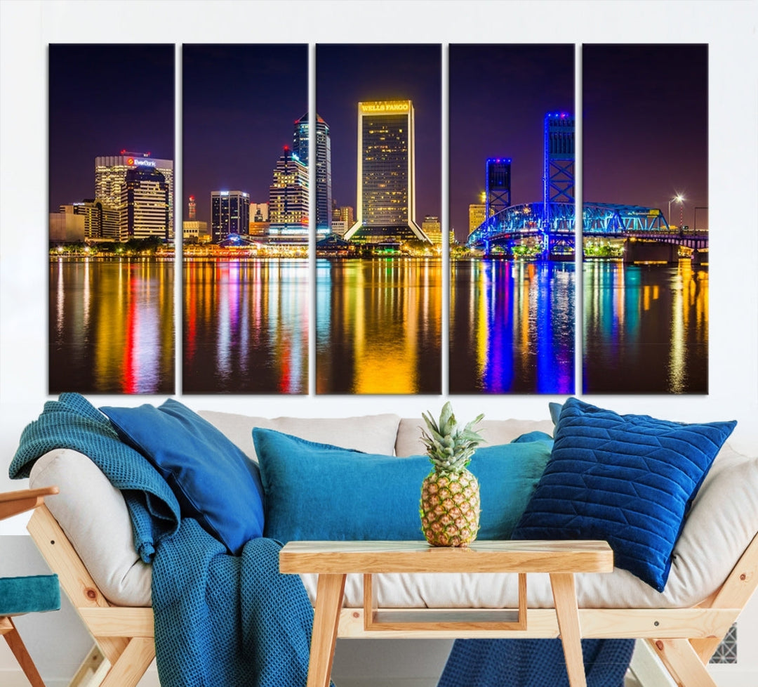 The Jacksonville City cityscape wall art captures a vibrant city skyline at night with colorful reflections in the water and is elegantly displayed on museum-quality gallery wrapped canvas.