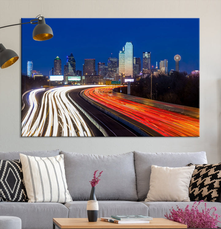 Dallas City Street Lights Night Skyline Cityscape View Wall Art Impression sur toile