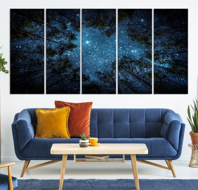 Impression sur toile d’art mural forêt et étoiles