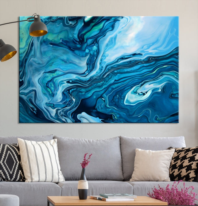 Arte de pared grande con efecto fluido de mármol azul marino, lienzo abstracto moderno, impresión artística de pared