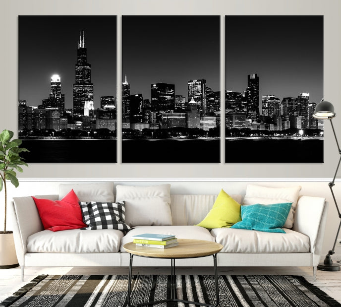 Impression sur toile d’art mural de Chicago Impression sur toile de nuit de la ville de Chicago Impression sur toile de nuit d’horizon de Chicago