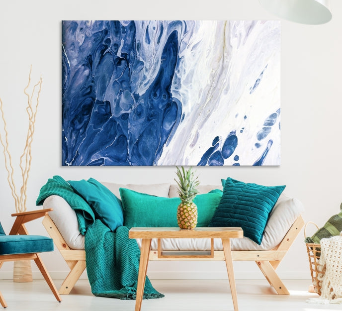 Arte de pared grande con efecto fluido de mármol azul marino, lienzo abstracto moderno, impresión artística de pared