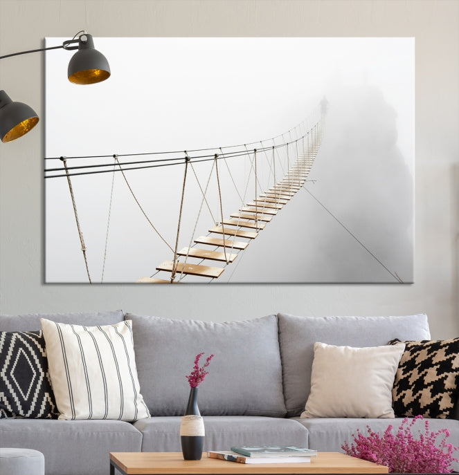 Lienzo decorativo para pared con puente de madera y niebla