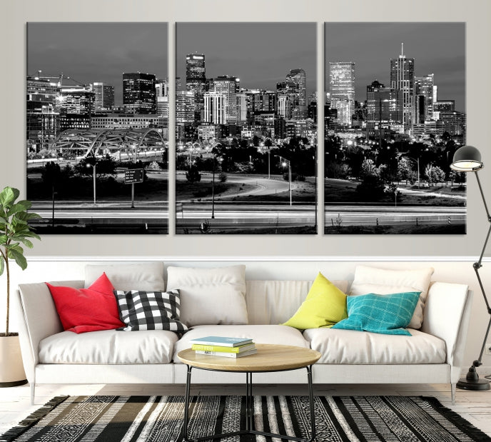 Denver City Lights Skyline Black and White Wall Art Cityscape Canvas Print