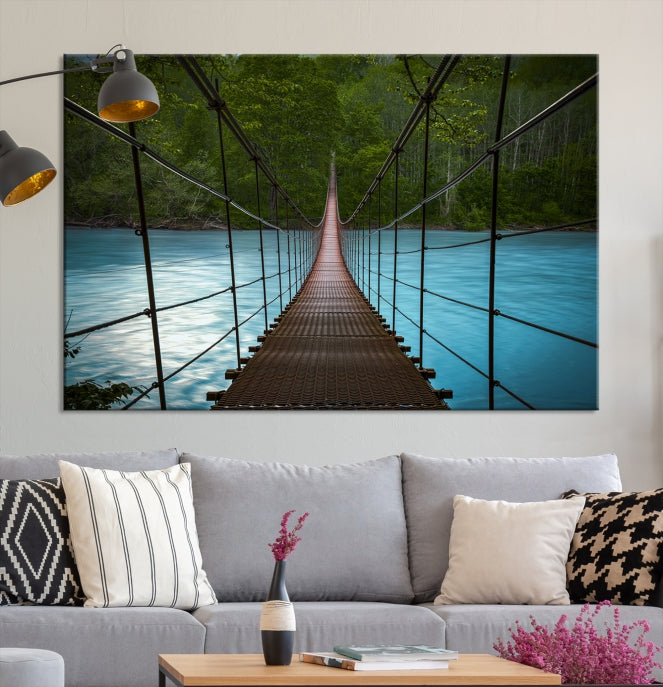 Suspension Bridge Over River Canvas Art | 3-Panel Nature Photography | Scenic Wall Art for Living Room or Office