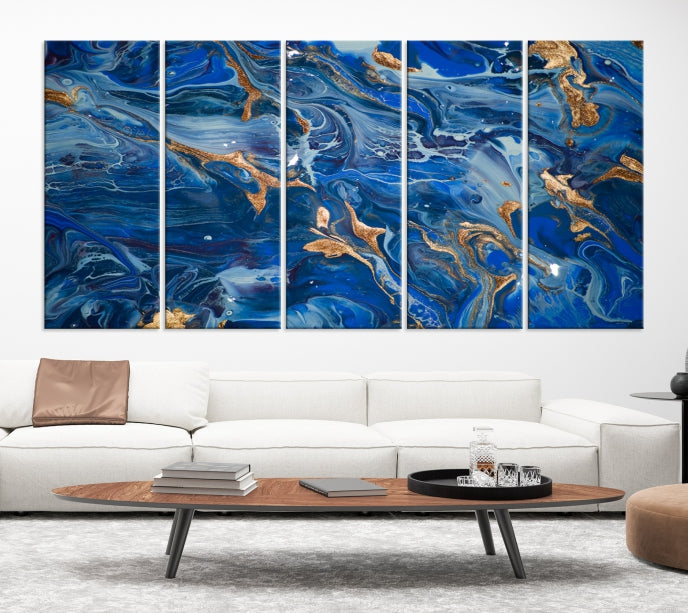 Arte de pared grande con efecto fluido de mármol azul marino, lienzo abstracto moderno, impresión artística de pared