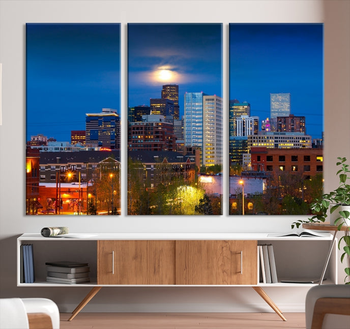 Impresión en lienzo de arte de pared grande con vista del paisaje urbano del horizonte azul nocturno de las luces de la ciudad de Denver