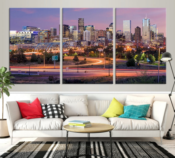 Denver City Lights Coucher de soleil Violet Skyline Paysage urbain Vue Art mural Impression sur toile