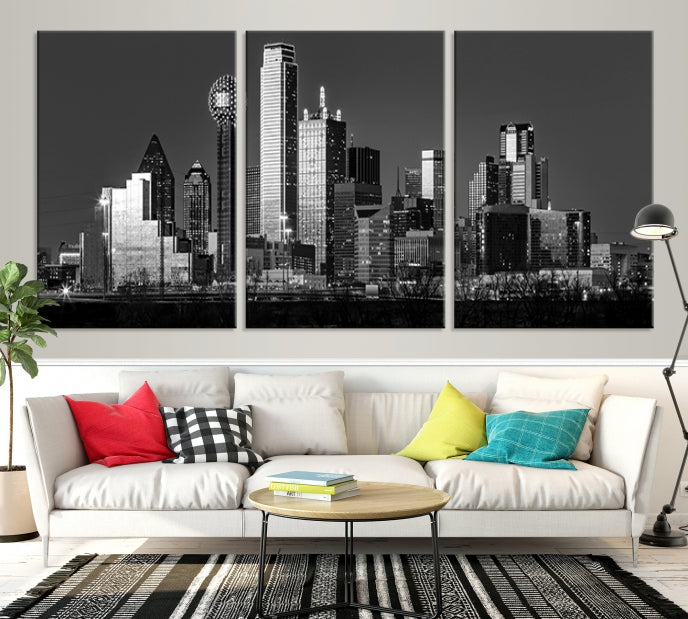 Dallas City Lights Skyline Art mural noir et blanc Paysage urbain Impression sur toile