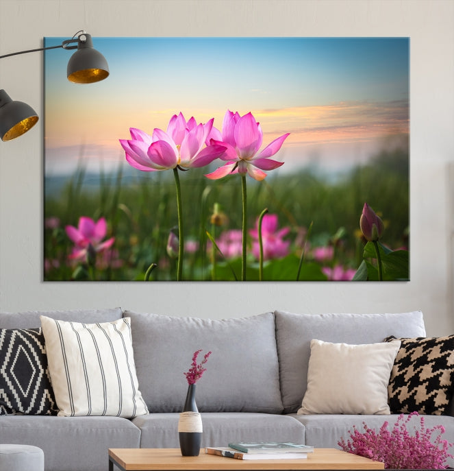 The room features a museum-quality Pink Flower on the Mountain Canvas Print, showcasing blooming pink flowers against a sunset on hand-assembled canvas.