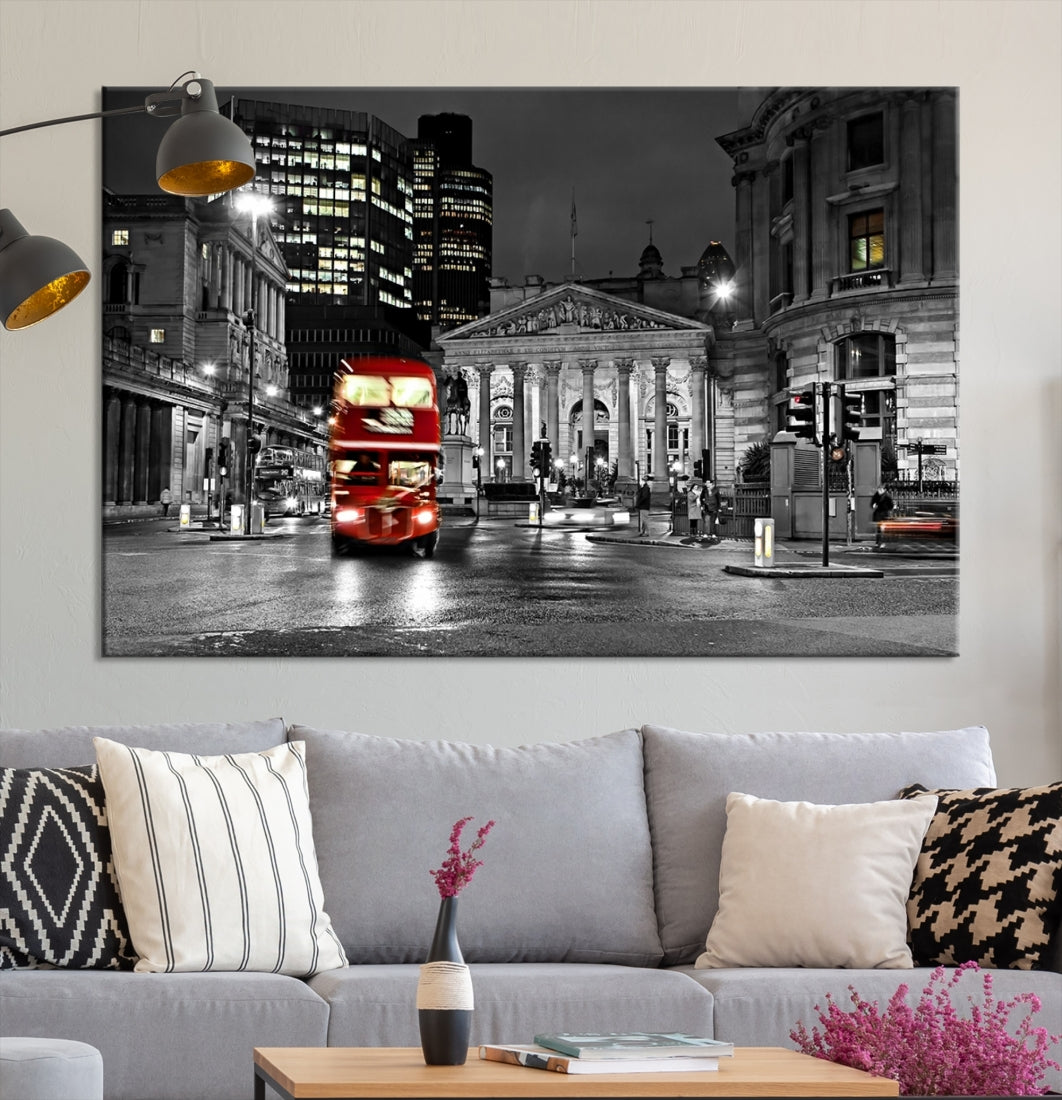 London Night Red Bus Wall Art Canvas Print, London Black and White Wall Art