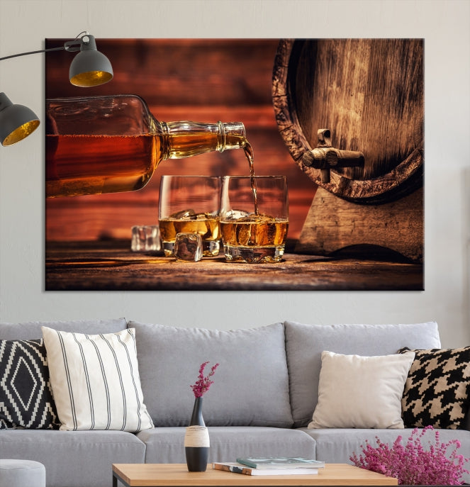 Lienzo decorativo para pared grande con whisky y barril