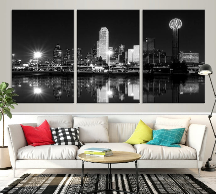 Dallas City Lights Skyline Art mural noir et blanc Paysage urbain Impression sur toile