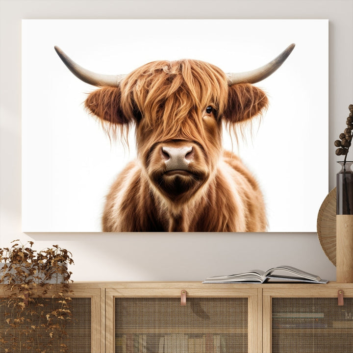 A Scottish Highland Cow Canvas Print, featuring a trio of panels depicting a long-haired, large-horned Highland cow on museum-quality canvas with UV protection, was displayed.