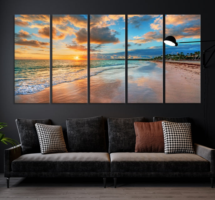 Sunset Beach Canvas Wall Art – Tropical Triptych Seascape Print – Coastal Ocean Decor for Living Room or Bedroom – Ready to Hang