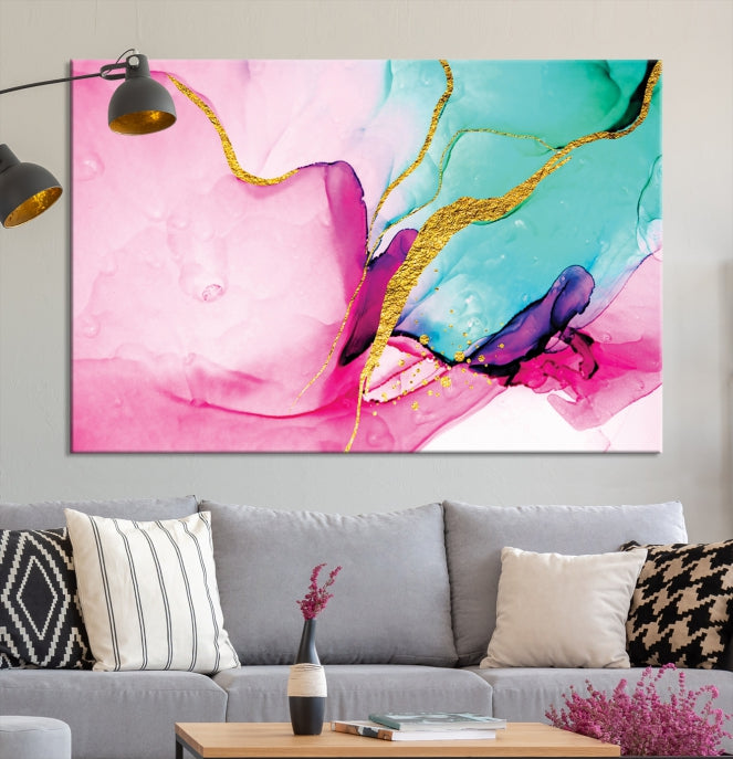 Impresión de arte de pared grande con efecto fluido de mármol rosa y dorado, lienzo abstracto moderno