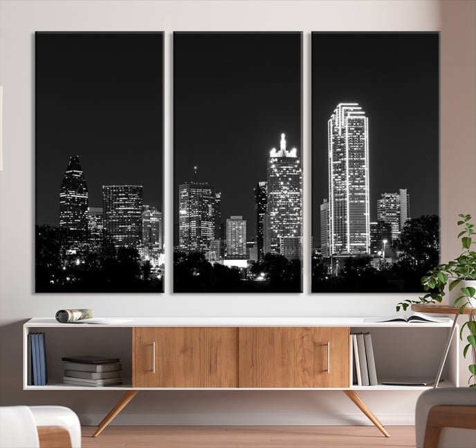 Skyline de luces de la ciudad de Dallas Arte de pared en blanco y negro Paisaje urbano Lienzo