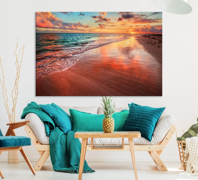 The "Beach and Red Sunset Wall Art Canvas Print" features a triptych of a vibrant beach sunset. These museum-quality canvases come with a UV-protective coating and are ready to hang, offering an instant touch of elegance.