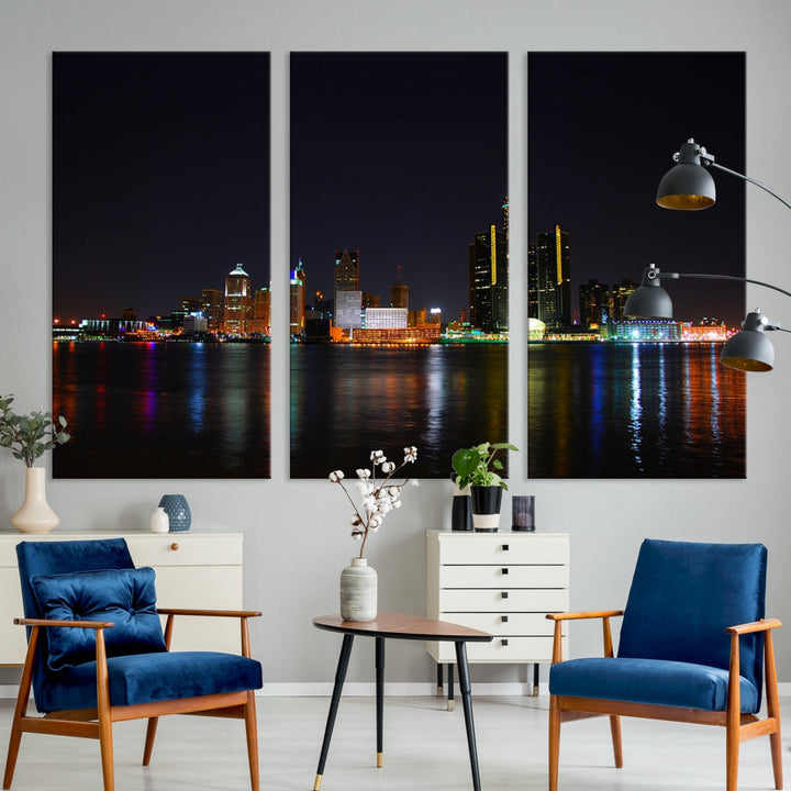 Detroit City Lights Night Skyline Cityscape View Wall Art Canvas Print