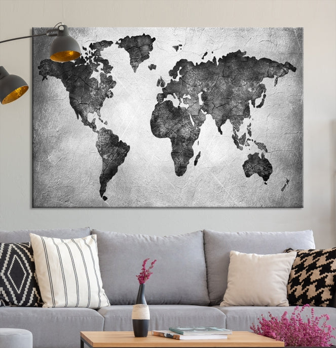 Impresión artística en lienzo grande con mapa del mundo en negro y gris