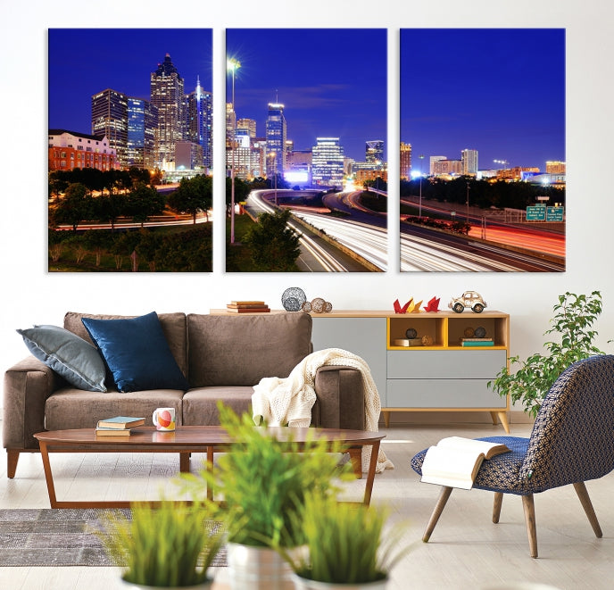 Atlanta City Lights Night Blue Skyline Canvas Print