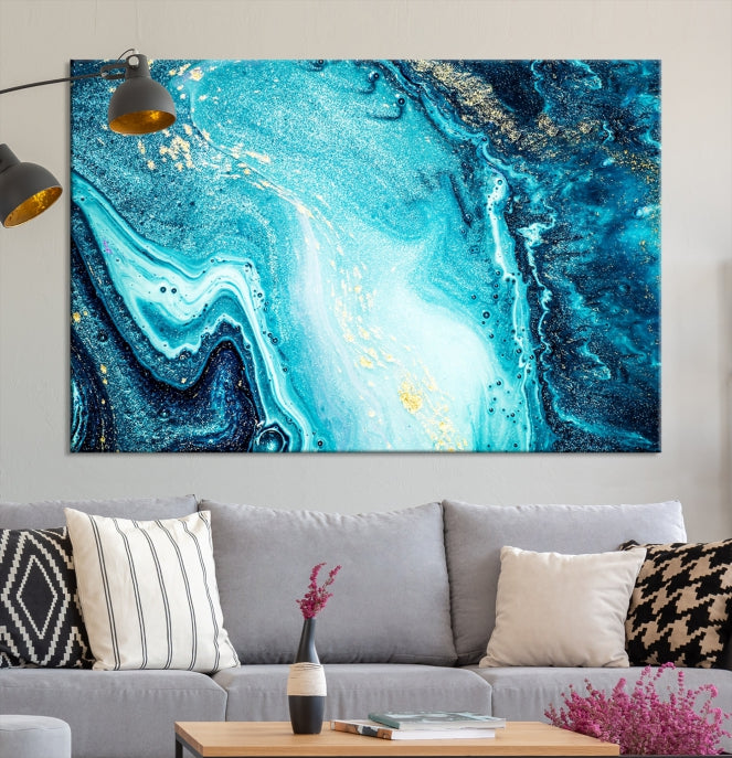 Arte de pared grande con efecto fluido de mármol azul neón y dorado, lienzo abstracto moderno, impresión artística de pared