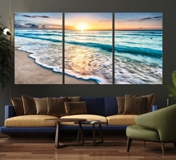 Sunset Beach Waves Canvas Wall Art – 5-Panel Ocean Sunset Print – Coastal Decor for Living Room or Bedroom – Ready to Hang