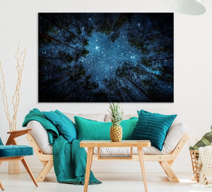 Impression sur toile d’art mural forêt et étoiles