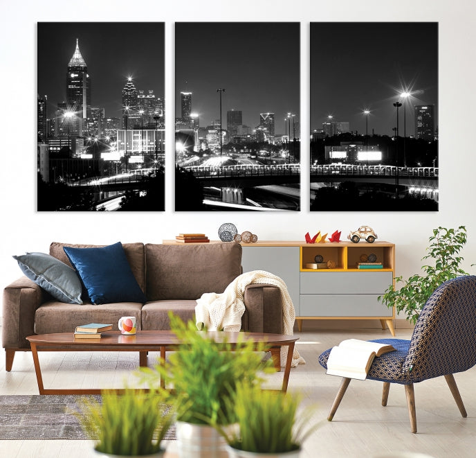 Atlanta City Lights Skyline Art mural noir et blanc Paysage urbain Impression sur toile