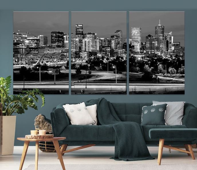 Denver City Lights Skyline Black and White Wall Art Cityscape Canvas Print