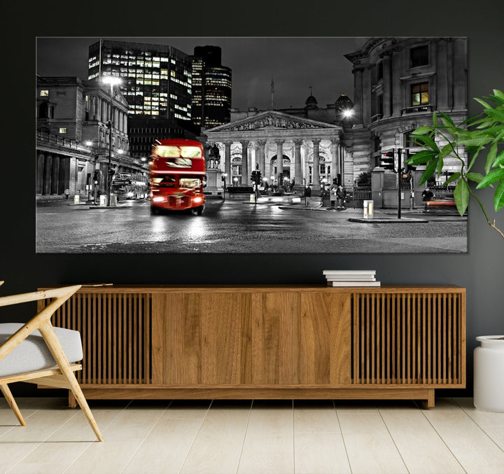 London Night Red Bus Wall Art Canvas Print, London Black and White Wall Art