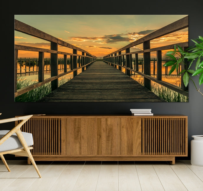 Sunset and Wood Bridge Wall Art Canvas Print