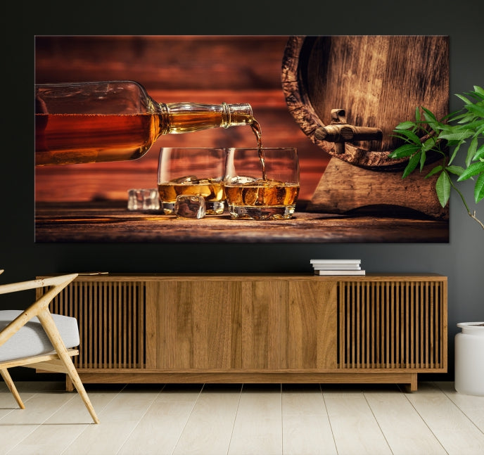 Lienzo decorativo para pared grande con whisky y barril