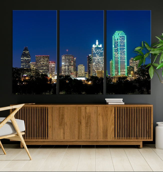 Impresión en lienzo de arte de pared grande con vista del paisaje urbano del horizonte azul nocturno de las luces de la ciudad de Dallas