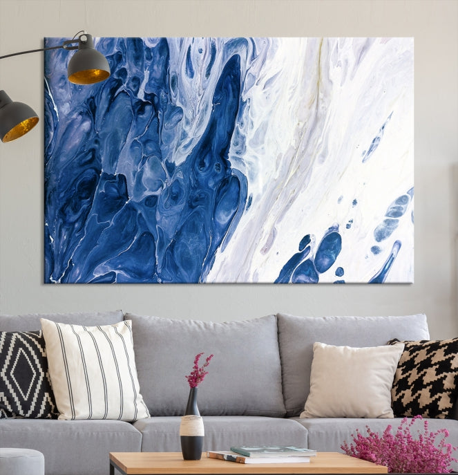 Arte de pared grande con efecto fluido de mármol azul marino, lienzo abstracto moderno, impresión artística de pared