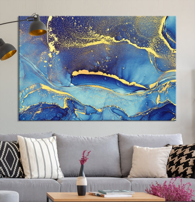 Splash Yellow Color Blue Marble Abstract Canvas Wall Art Print