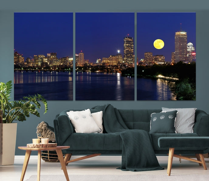 Luces de la ciudad de Boston, horizonte nocturno de luna llena, vista del paisaje urbano, arte de pared grande, impresión en lienzo