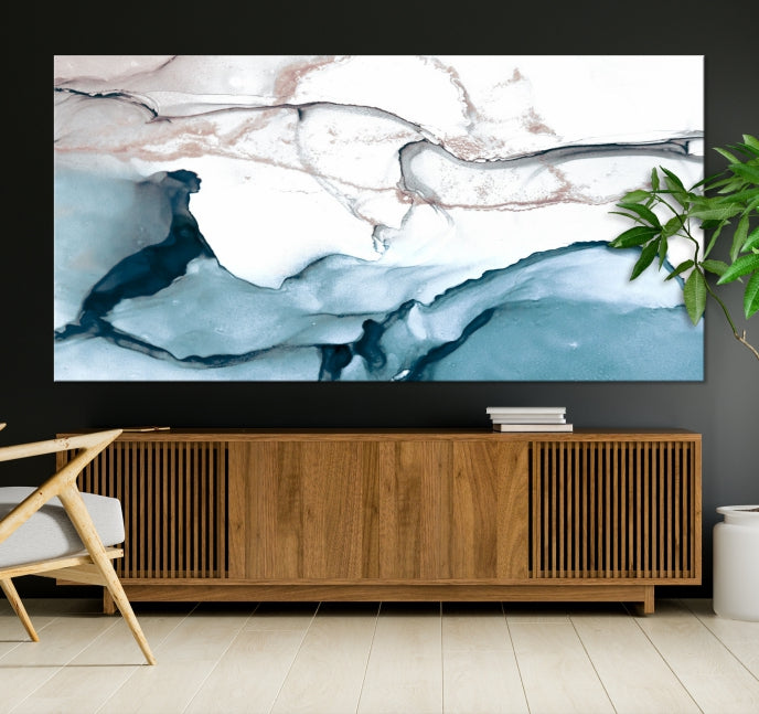 Blue and Rose Gold Marble Fluid Effect Wall Art Abstract Canvas Art Print